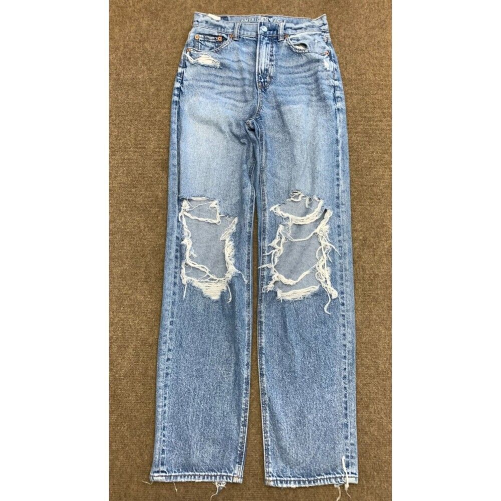 American Eagle Jeans Womens 0 High Rise Baggy Straight Distressed Strigid Denim